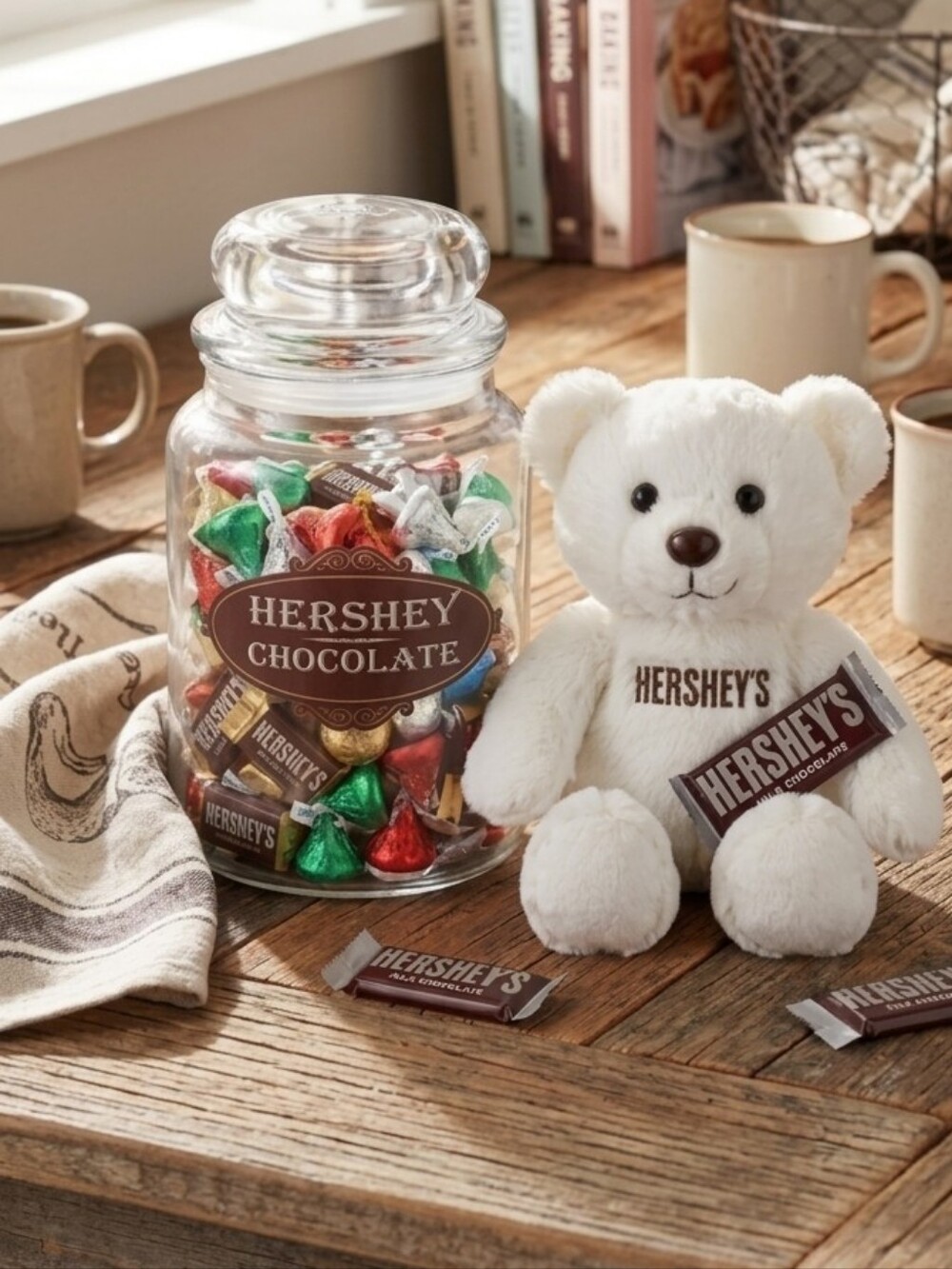 Vintage Hershey's Glass Candy Jar & White Plush Teddy Bear Set